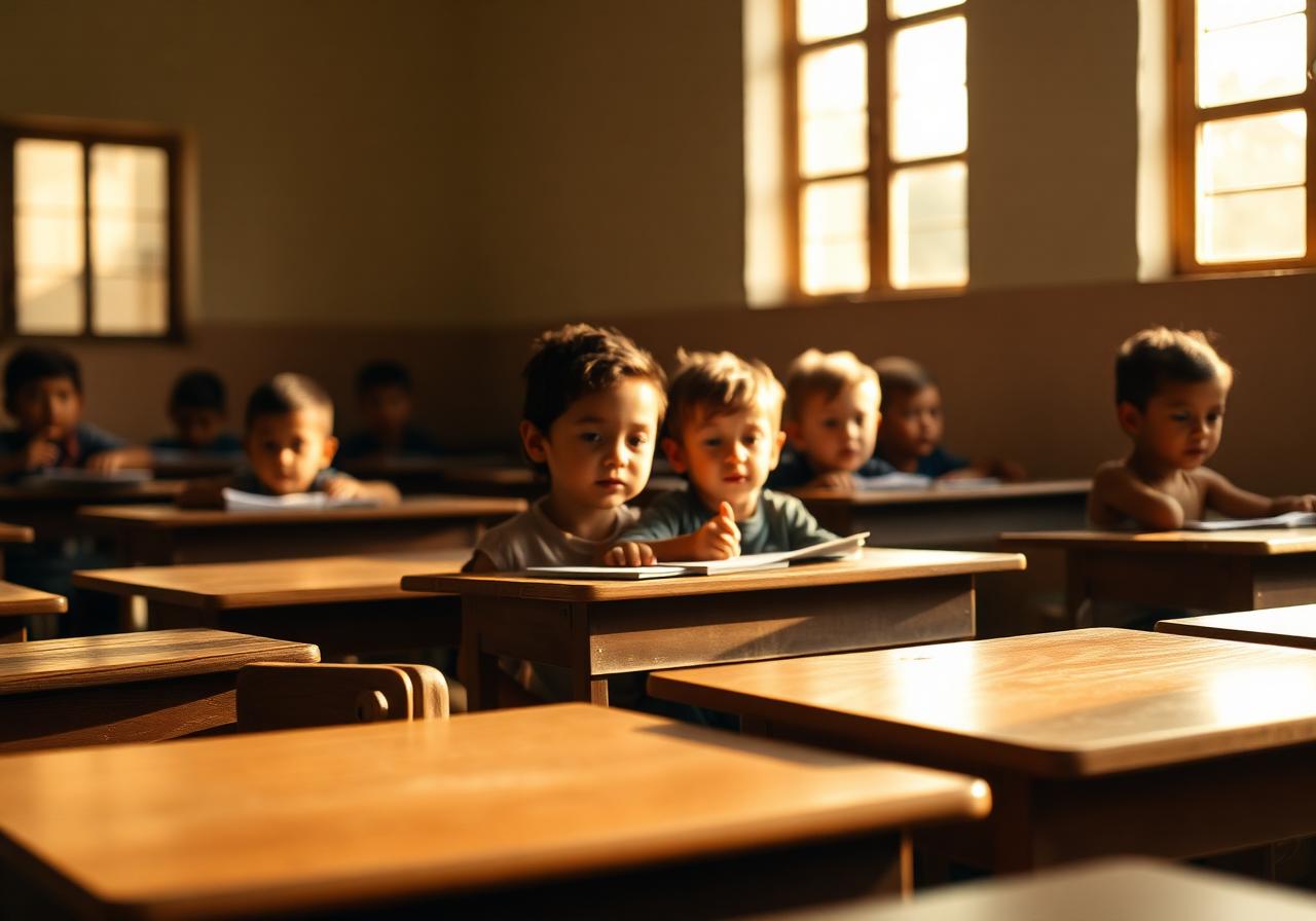 Hands of children receiving care and a bright classroom — evoking the foundation's healthcare and education programs